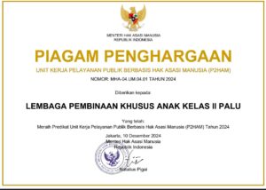 LPKA Palu Dinobatkan Sebagai Satker Peduli HAM Terbaik